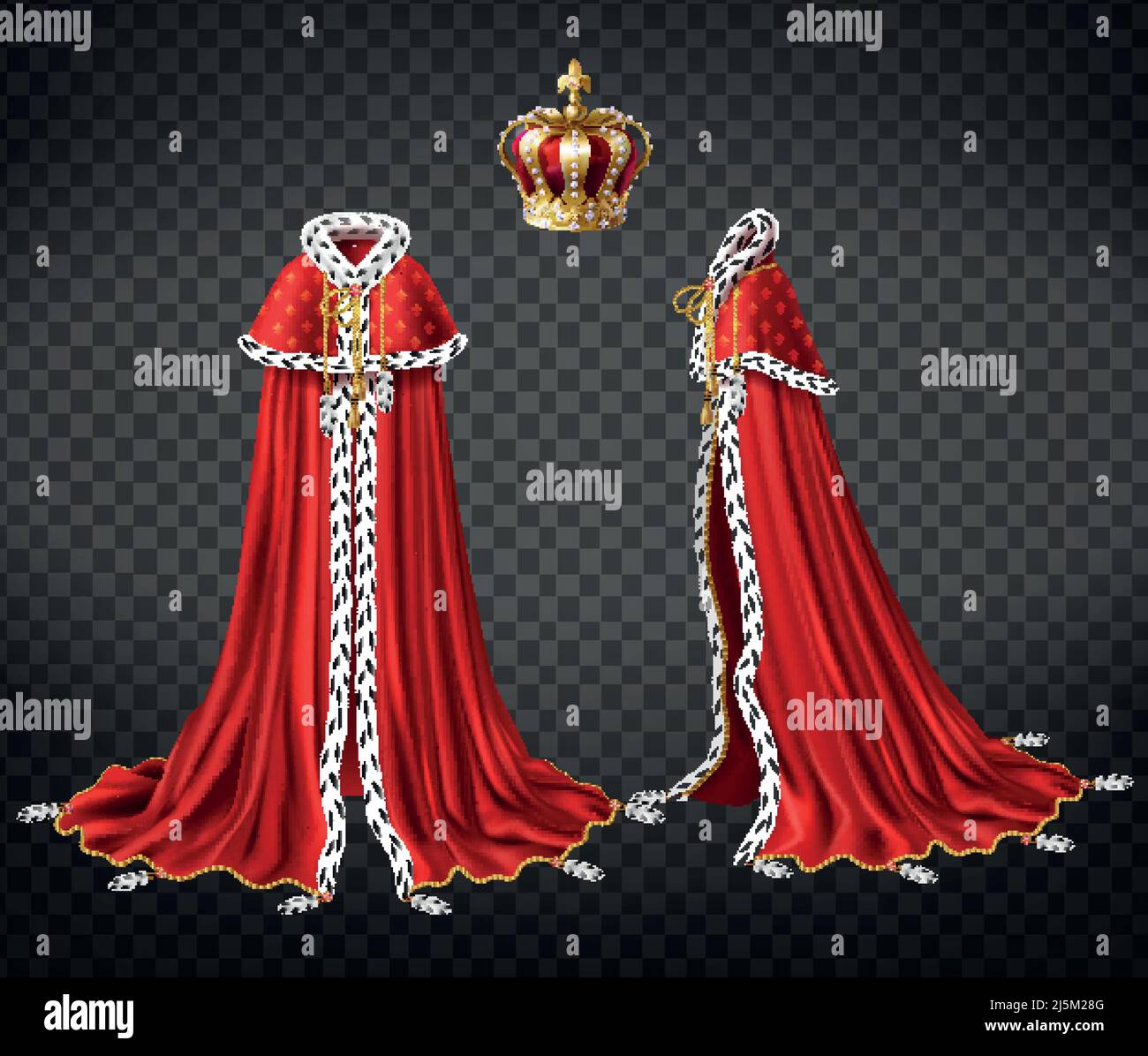 Robe royale de Kings avec cape et manteau de fourrure d'ermine et précieux, couronne d'or décoré perls 3D réaliste vecteur avant, illustration de la vue latérale est Illustration de Vecteur