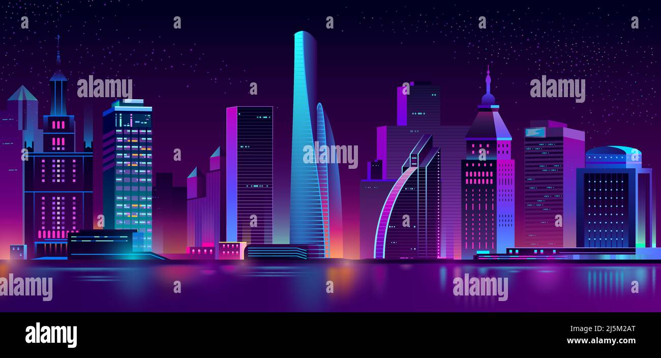 Vecteur moderne megapolis la nuit. Bâtiments lumineux dans un style de dessin animé. Gratte-ciels urbains aux couleurs fluo, extérieur de la ville, arrière-plan de l'architecture. Illustration de Vecteur