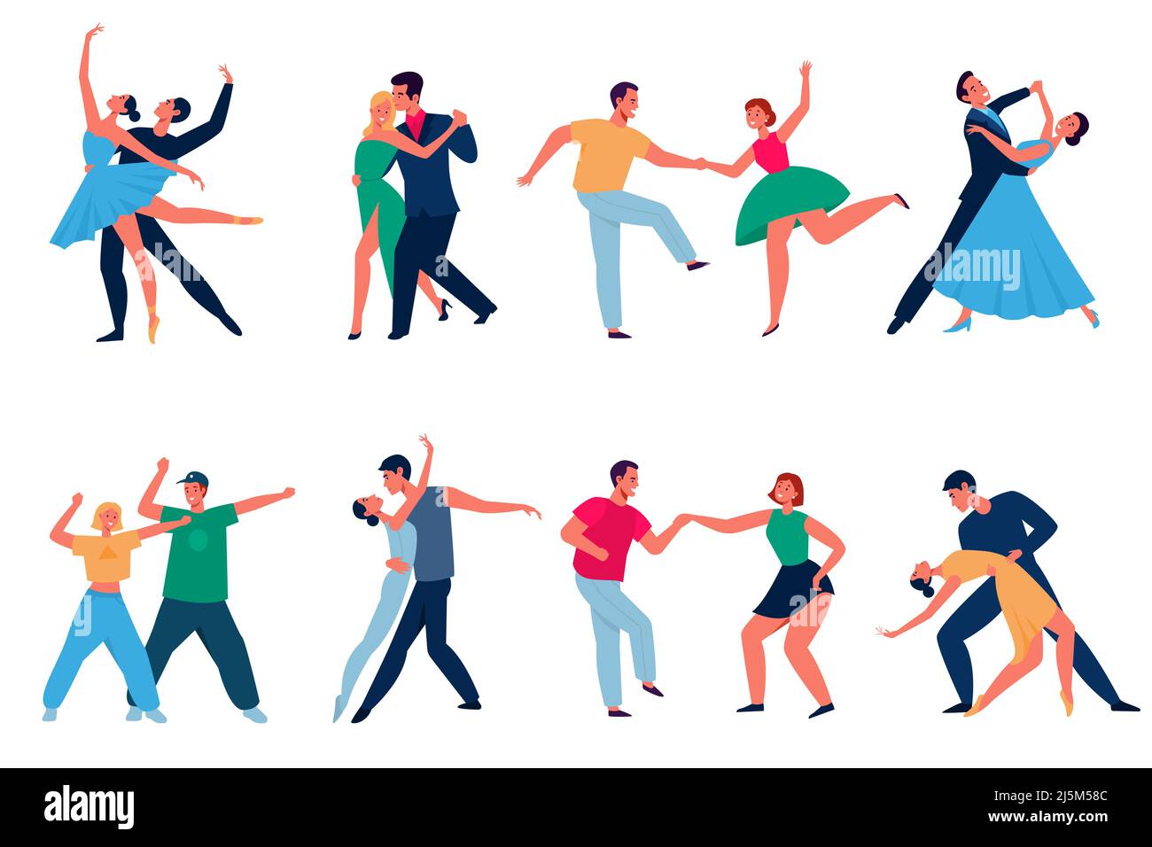 Couples dansants. Dessins animés danseurs professionnels personnages, hommes et femmes dans les tenues d'exécution. Les types modernes dansent le latin et le tango, la valse et la discothèque Illustration de Vecteur