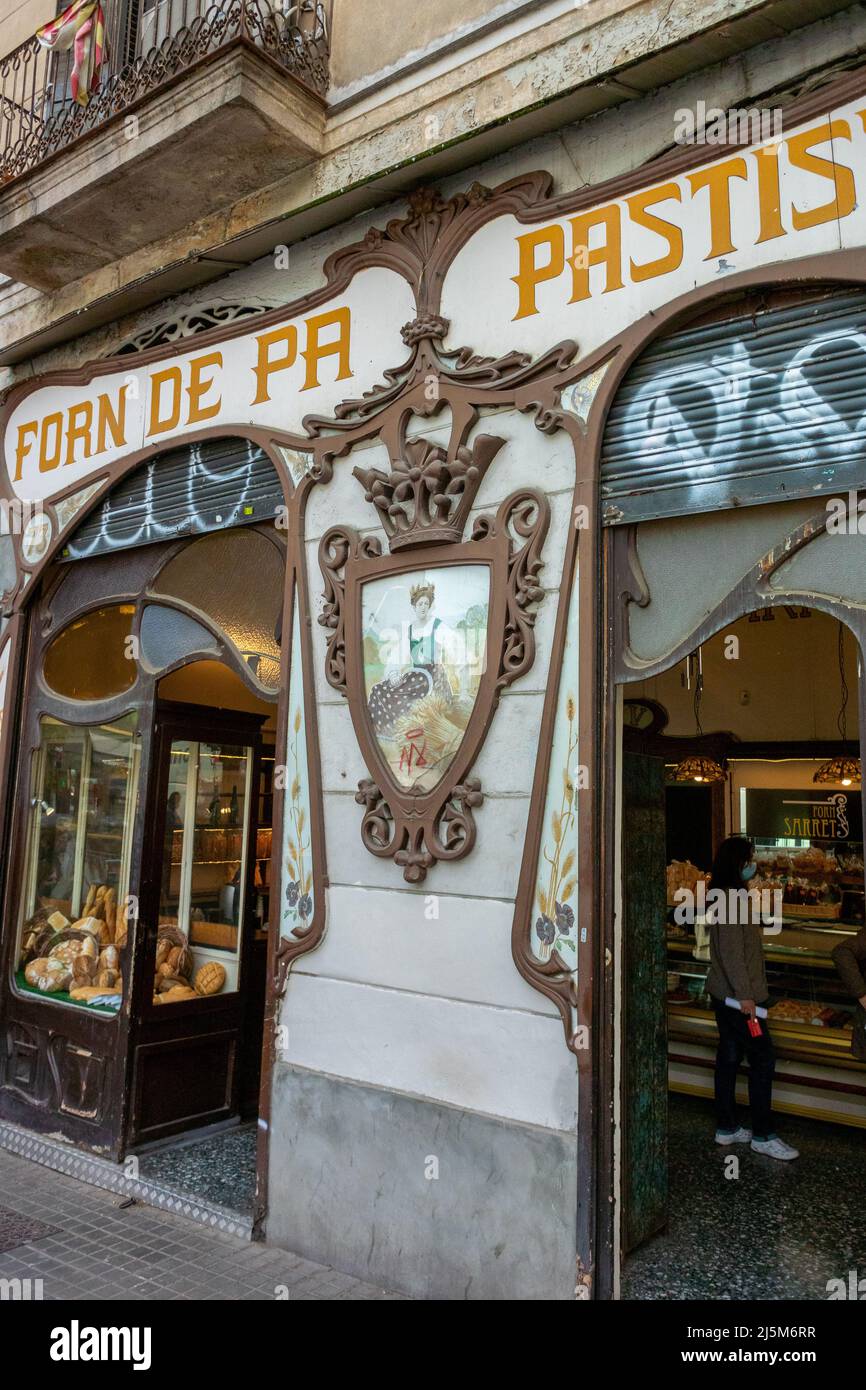 Barcelone, Espagne, Old Spanish Bakery pâtisserie Shop Front, 'Forn de Pa' Banque D'Images