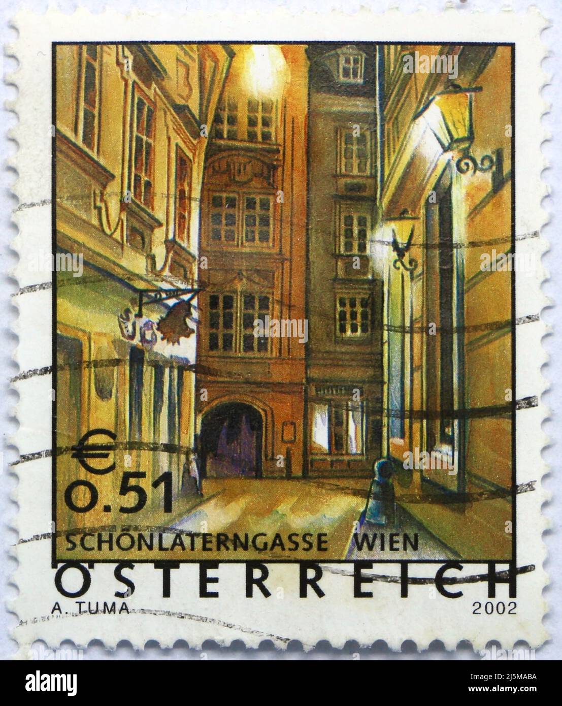 Photo d'un timbre-poste autrichien avec une illustration de scène de rue 2002 Banque D'Images