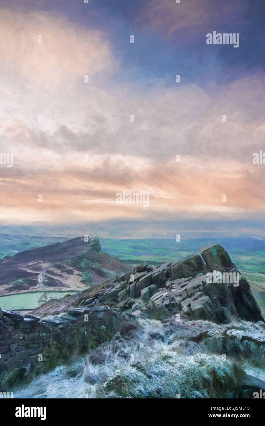 Beaux-arts, œuvres d'art. Peinture numérique à l'huile d'une vue panoramique depuis les cafards, Staffordshire. Lever du soleil en hiver dans le parc national de Peak District, Royaume-Uni. Banque D'Images