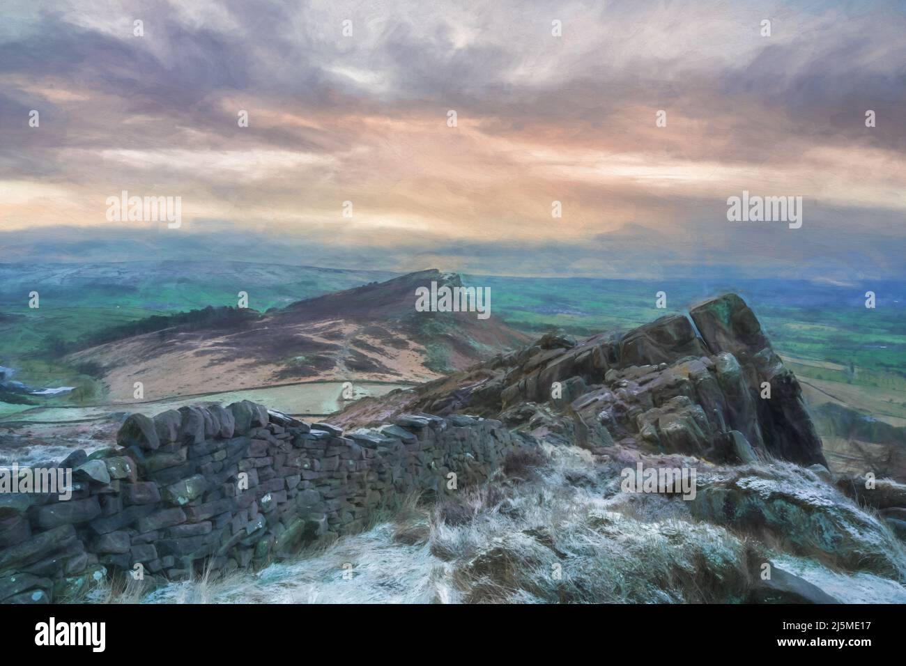 Beaux-arts, œuvres d'art. Peinture numérique à l'huile d'une vue panoramique depuis les cafards, Staffordshire. Lever du soleil en hiver dans le parc national de Peak District, Royaume-Uni. Banque D'Images