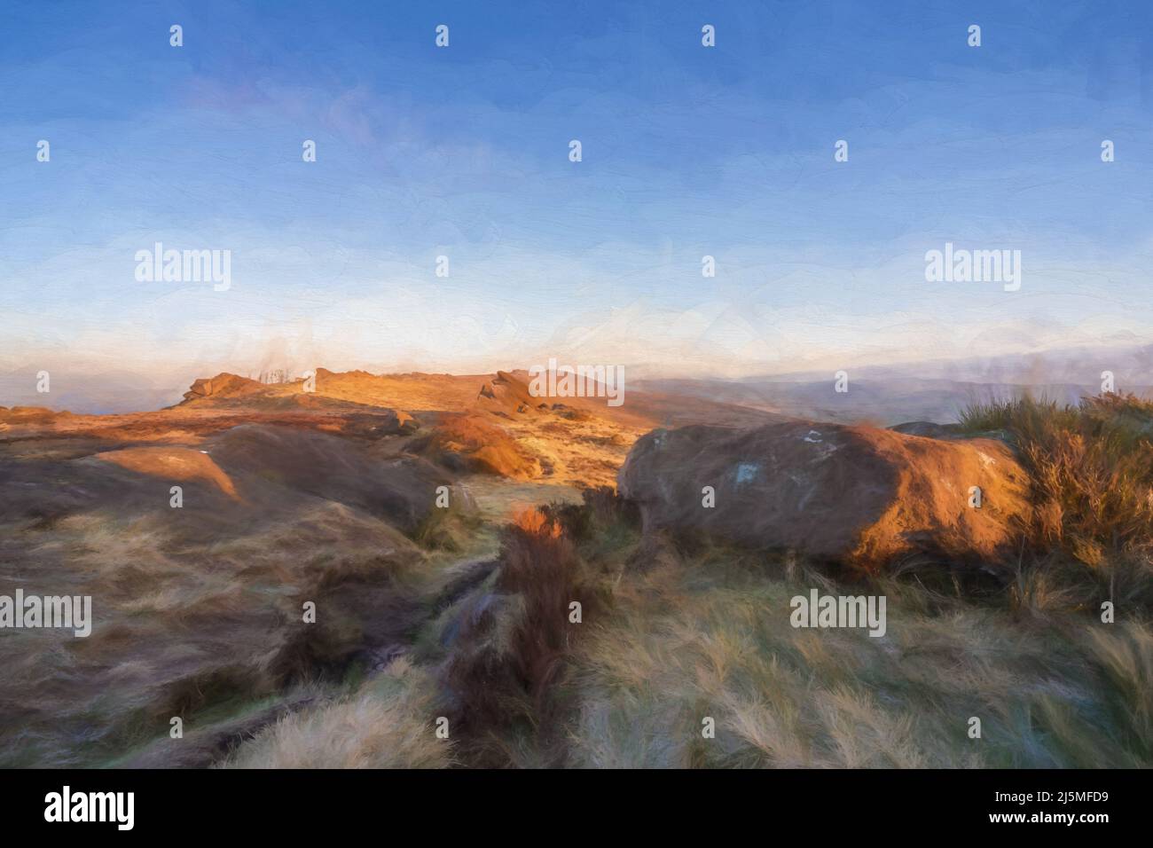 Poster des beaux-arts. Peinture numérique abstraite à l'huile des cafards, Staffordshire. Lever du soleil en hiver dans le parc national de Peak District, Royaume-Uni. Banque D'Images