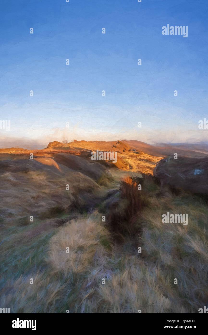 Poster des beaux-arts. Peinture numérique abstraite à l'huile des cafards, Staffordshire. Lever du soleil en hiver dans le parc national de Peak District, Royaume-Uni. Banque D'Images