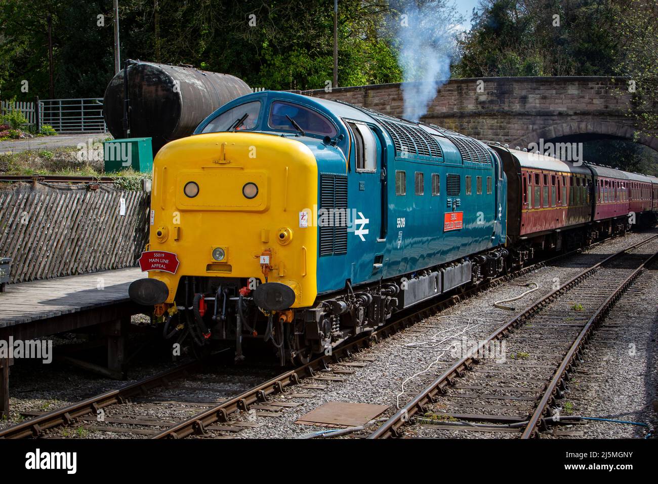 Ancien BR classe 55 'Deltic', 55019 nommé 'Royal Highland Fusilier' opérant dans la gare Wirksworth, sur le chemin de fer Ecclesbourne Valley. Banque D'Images