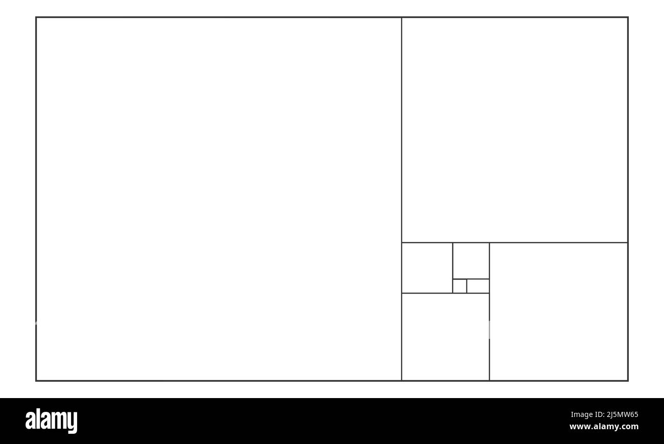 Construction Golden ratio. Rectangle divisé sur des carrés par des proportions de 1:1,618. Séquence Fibonacci. Modèle de symétrie idéal. Symbole mathématique. Illustration vectorielle Illustration de Vecteur