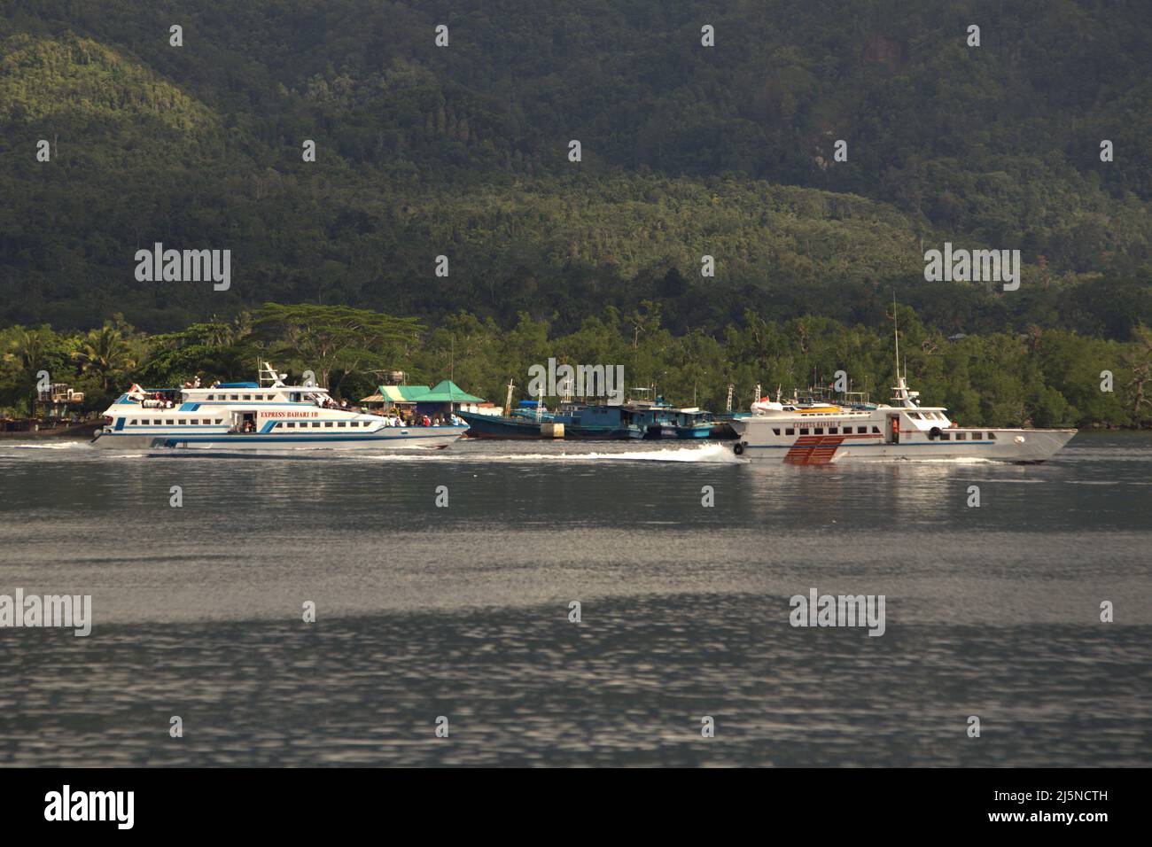Ferry dans le port d'Ambon, Central Maluku, Maluku, Indonésie. Le transport entre de petites îles éloignées dans de nombreuses parties de l'Indonésie archipélagique vaste repose principalement sur des bateaux, dont la disponibilité et le prix dépendent du temps et du prix du carburant. Banque D'Images