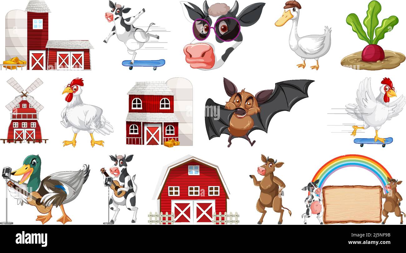 Illustration de nombreux bâtiments de grange et animaux de ferme Illustration de Vecteur