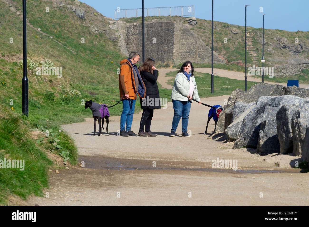 Trois personnes marchant avec deux chiens sur le front de mer à Skinningrove lors d'une journée de printemps ensoleillée Banque D'Images