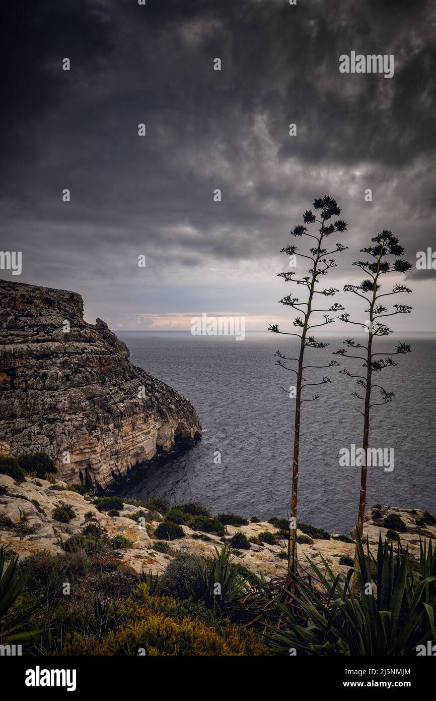 Matin sombre au bord de la mer avec nuages orageux au-dessus, côte sud de l'île de Malte dans la mer Méditerranée. Banque D'Images