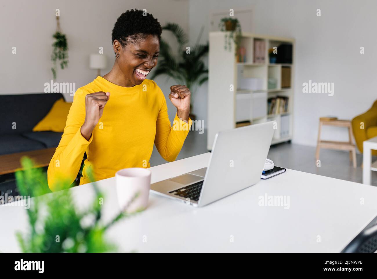 Femme multiraciale célébrant les bonnes nouvelles sur l'écran d'ordinateur portable avec le visage surjoyeux Banque D'Images