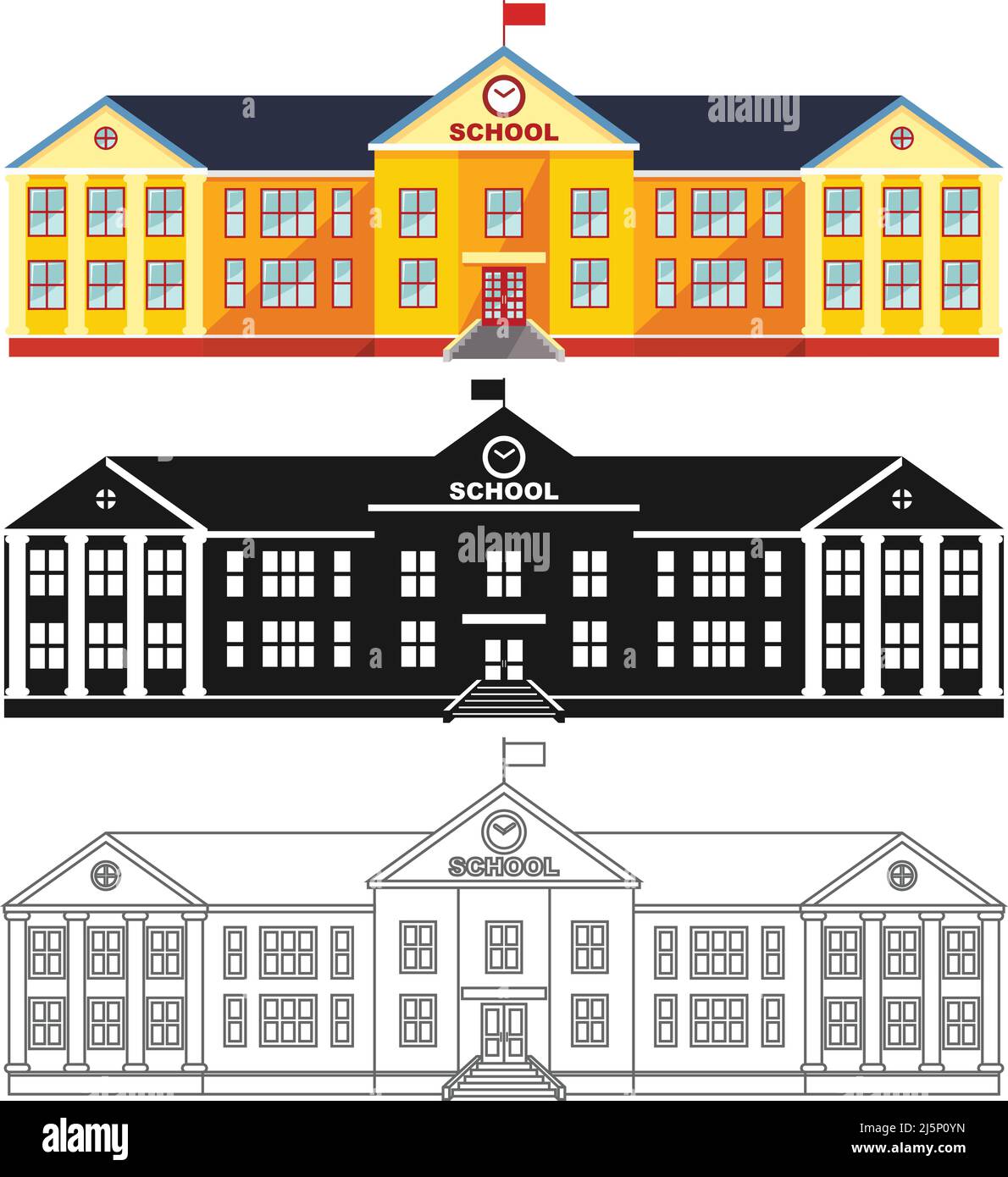 Illustration détaillée d'un bâtiment scolaire classique isolé sur fond blanc dans un style plat. Illustration de Vecteur