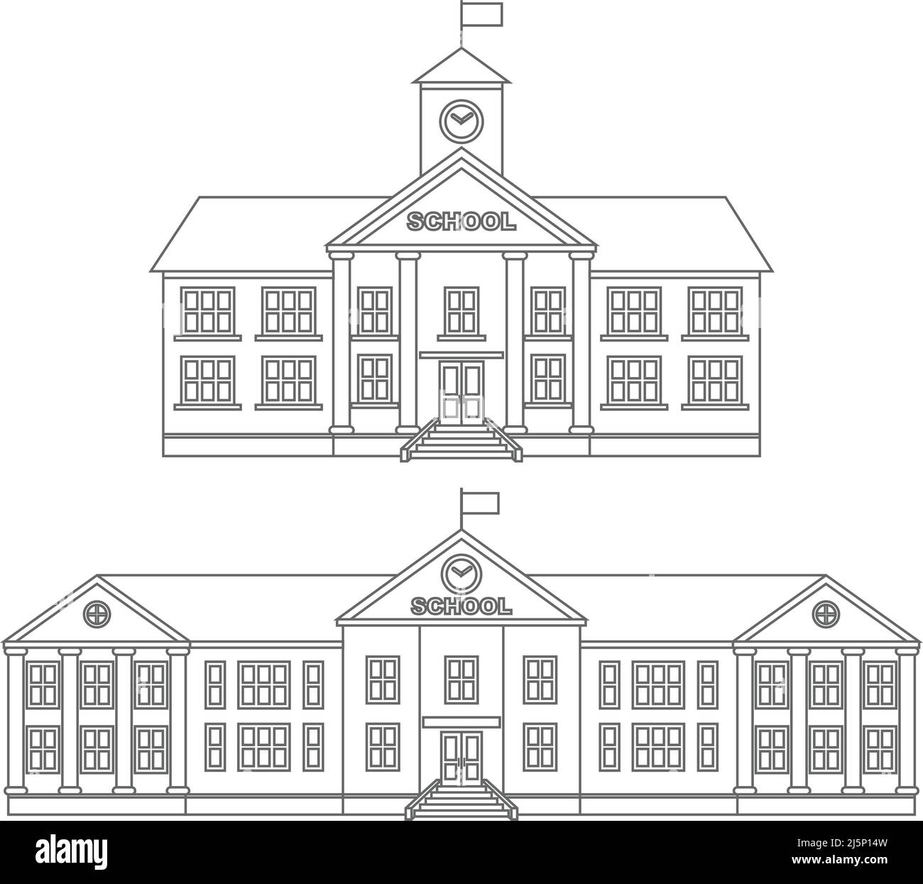 Illustration détaillée d'un bâtiment scolaire classique isolé sur fond blanc dans un style plat. Illustration de Vecteur