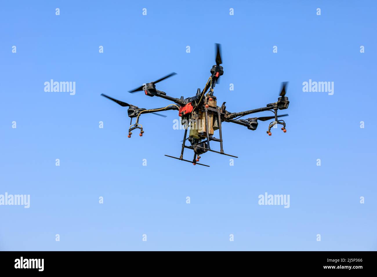 Drones agricoles pulvérisant des pesticides. Les drones sont utilisés dans l'agriculture. Banque D'Images