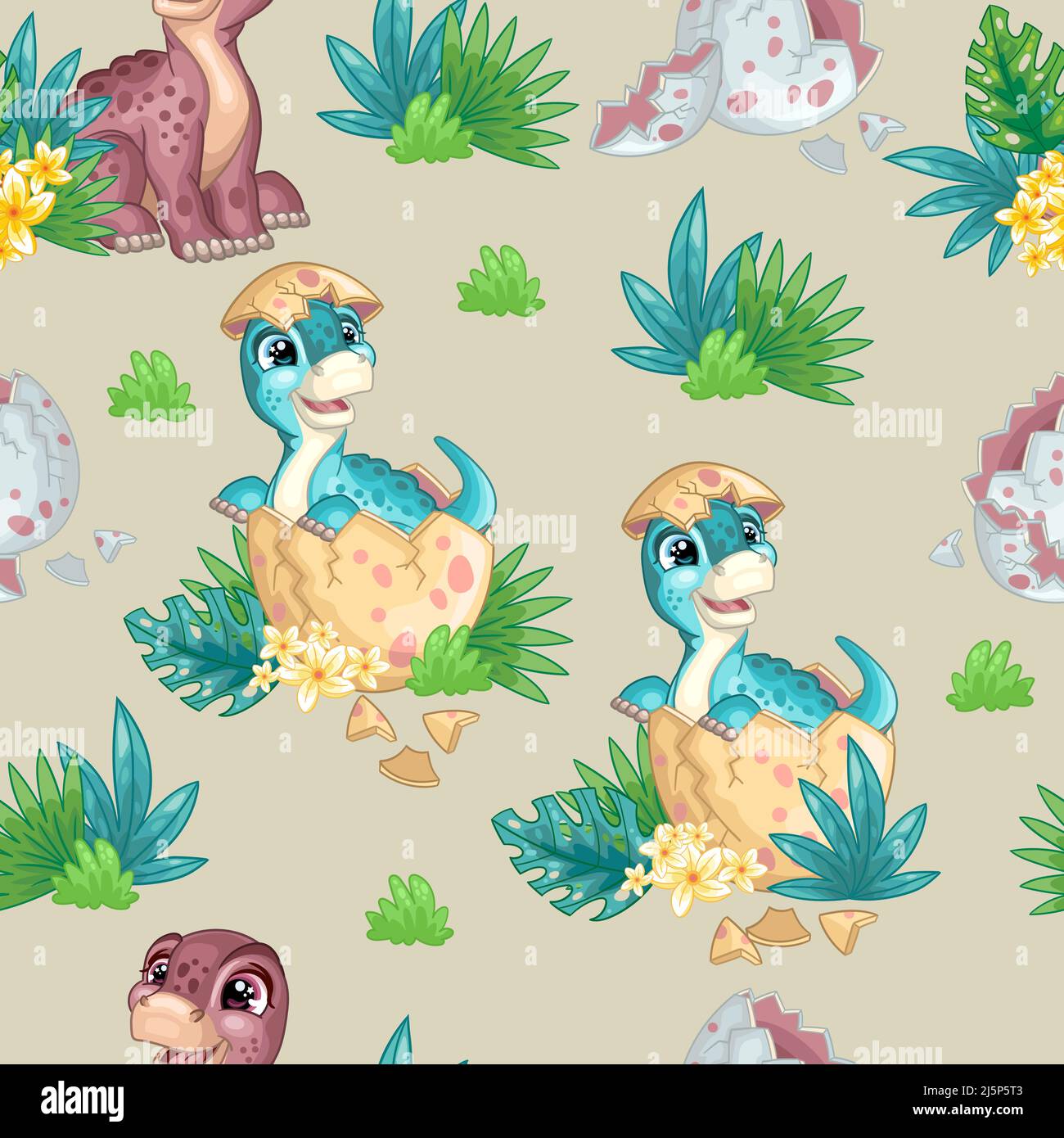 Bébé heureux dinosaure brontosaurus assis dans l'oeuf sur la nature isolée sur fond gris. Motif sans couture. Illustration vectorielle de dessin animé. Pour l'impression, décochez Illustration de Vecteur