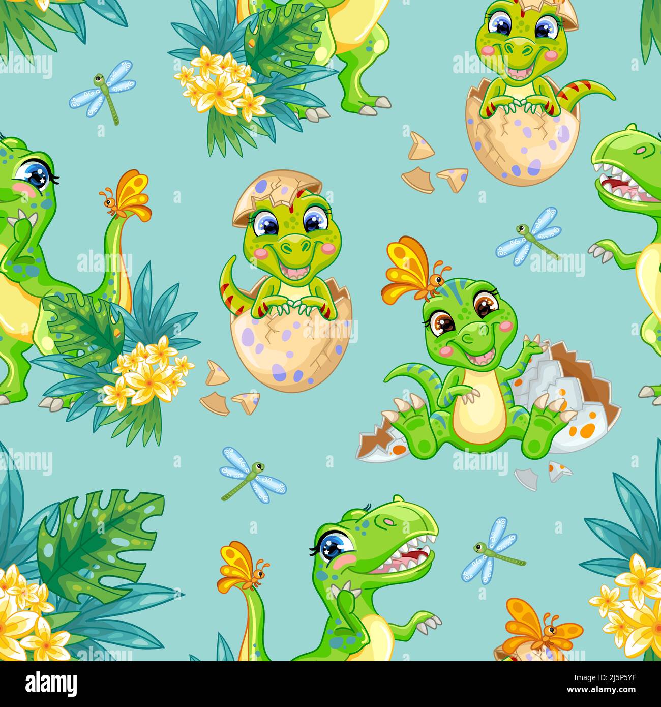 Bonne mère tyrannosaurus et cub assis dans un œuf sur la nature isolée sur fond turquoise. Motif sans couture. Illustration vectorielle de dessin animé. Pour l'impression Illustration de Vecteur