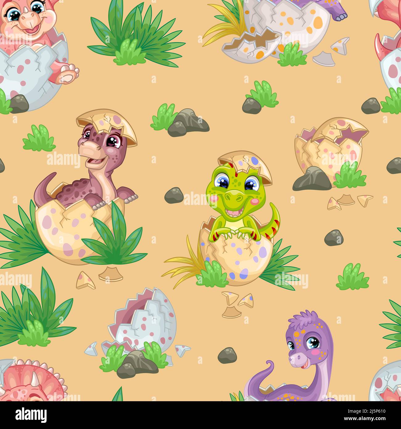 Bébé dinosaures heureux assis dans des oeufs sur la nature isolée sur fond beige. Motif sans couture. Illustration vectorielle de dessin animé. Pour l'impression, le design et le papier peint Illustration de Vecteur