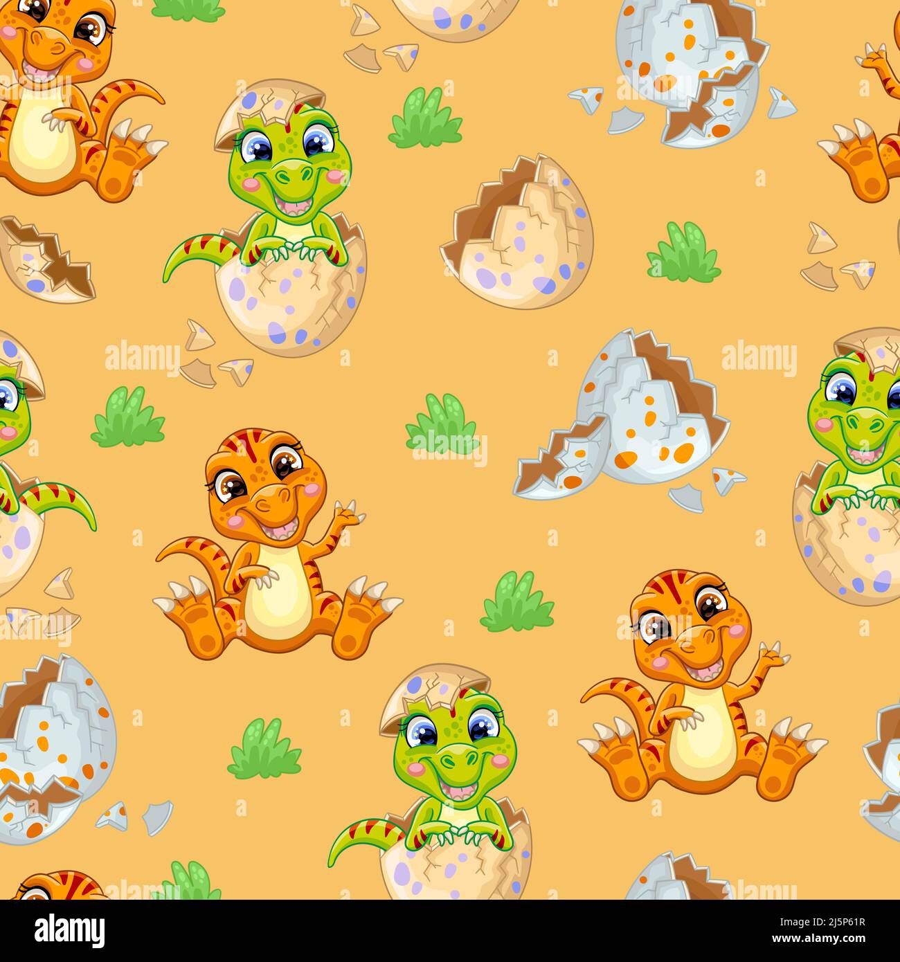Happy tyrannosaurus cub assis dans un œuf sur la nature isolée sur fond orange. Motif sans couture. Illustration vectorielle de dessin animé. Pour l'impression, les cartes, la recherche Illustration de Vecteur