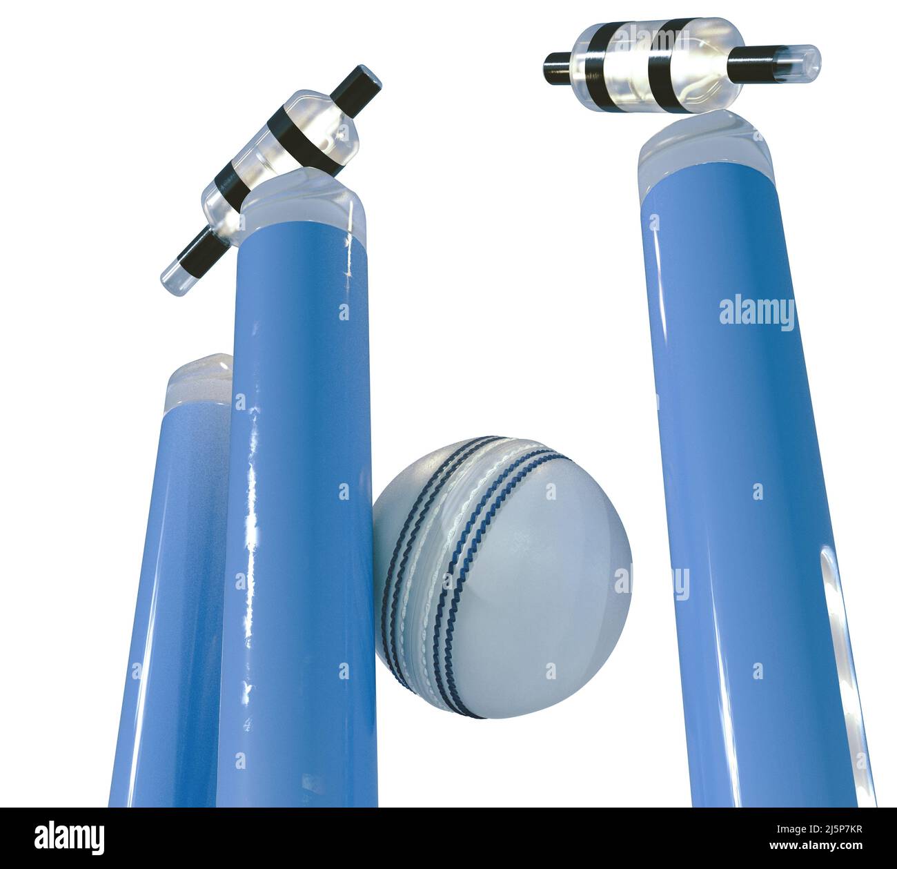 Bickets de cricket électroniques bleus avec voiles dislogeant et lumières LED éclairantes sur un fond blanc isolé - rendu 3D Banque D'Images