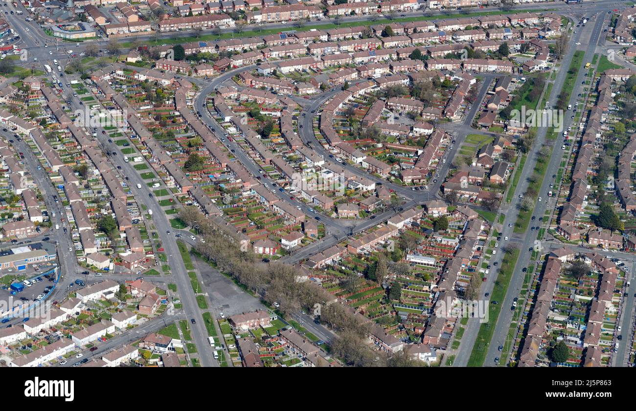 Une vue aérienne des logements des autorités locales, Liverpool, nord-ouest de l'Angleterre, Royaume-Uni Banque D'Images