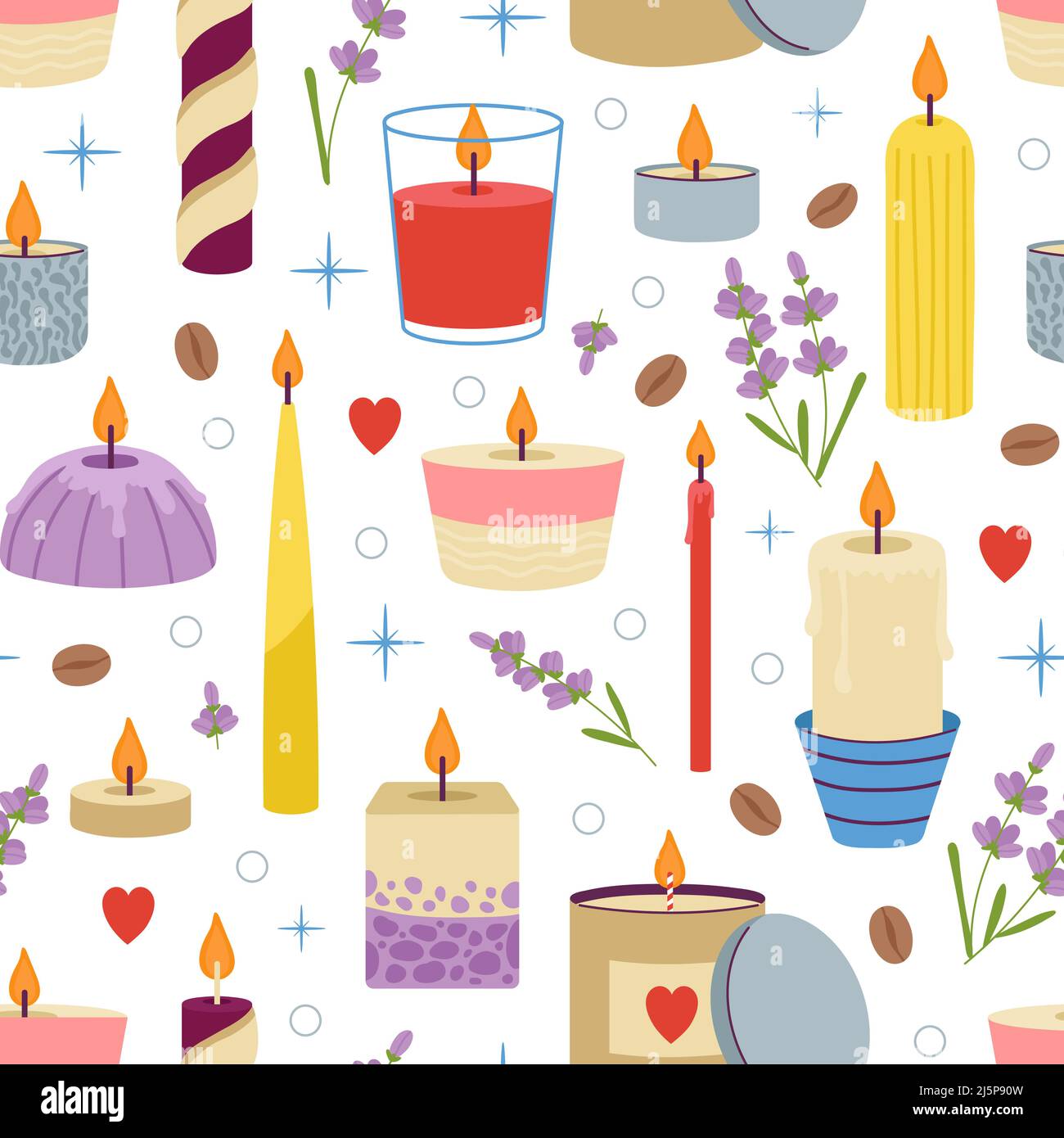 Motif bougie Doodle sans coutures. Grains de café et bougies, imprimé abstrait d'ambiance relaxante. Spa ou yoga, méditation et aromathérapie vecteur décent Illustration de Vecteur