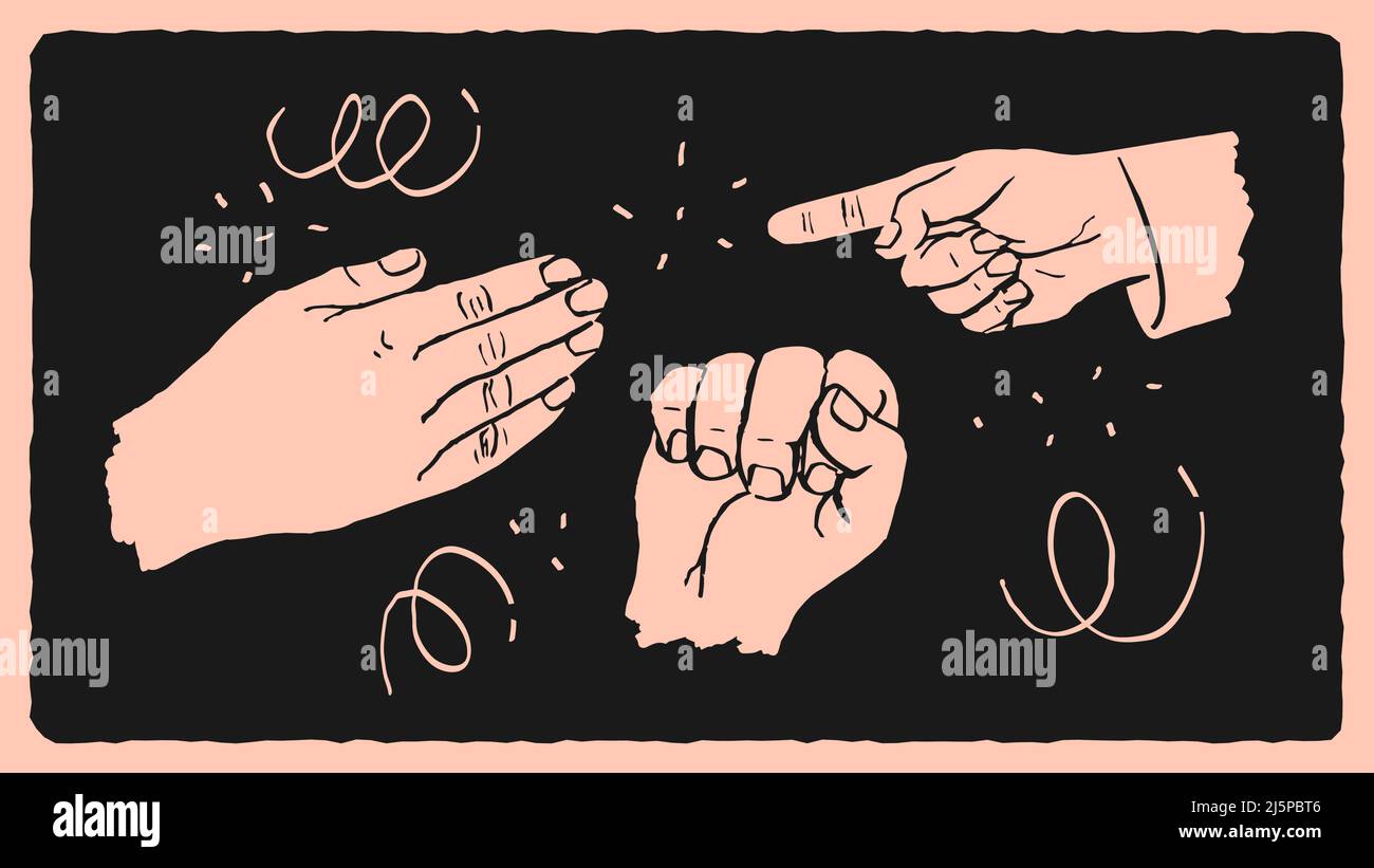 Mains dessinées à la main, style rétro. Gestes populaires pointant d'un doigt, accrochée dans un poing, paume ouverte Illustration de Vecteur