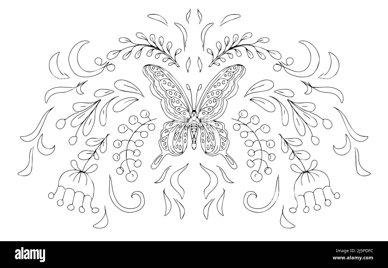 Papillon ornement folk stylisation symétrie abstrait fleurs illustration graphique dessin à la main coloriage de l'ensemble d'enfants doodle Banque D'Images