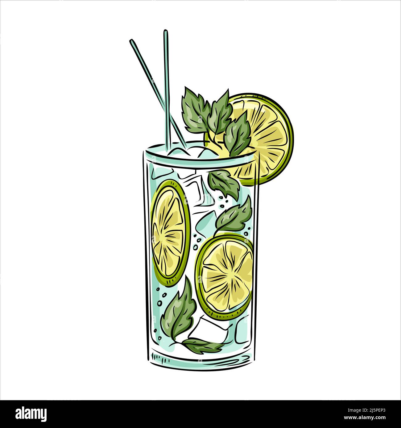 Cocktail d'été mojito alcoolisé avec glace, menthe et citron vert. Illustration de Vecteur