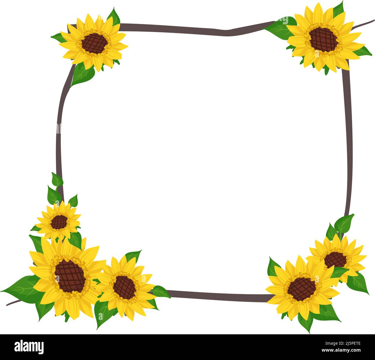 Couronne de tournesol jaune avec feuilles vertes. Cadre carré, jolies fleurs aux coeurs foncés. Décorations de fête pour mariage, vacances, carte postale, poster et design. Illustration vectorielle plate Illustration de Vecteur