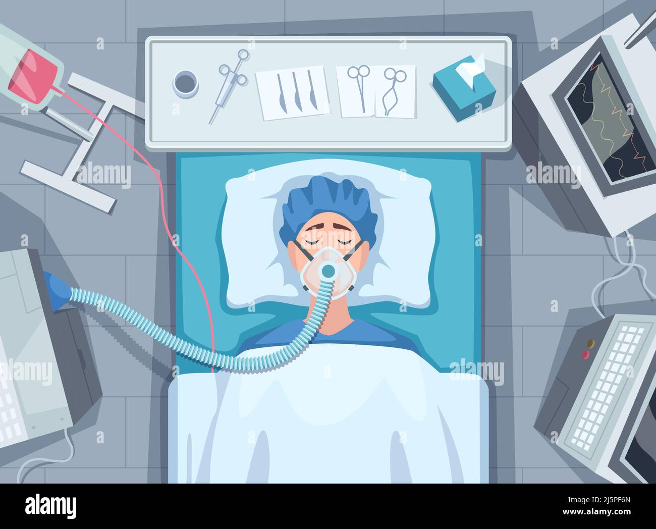 Patient à l'hôpital. Soins médicaux pour le soutien de la vie d'urgence personnes malades vecteur exact fond de dessin animé Illustration de Vecteur