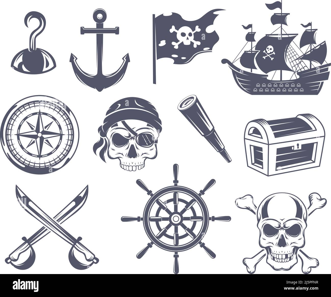 Badges de pirate. Emblèmes marins de tatouage pour marins crâne et os dessin ancre vieux navire en bois vecteur exact des symboles de pirate Illustration de Vecteur