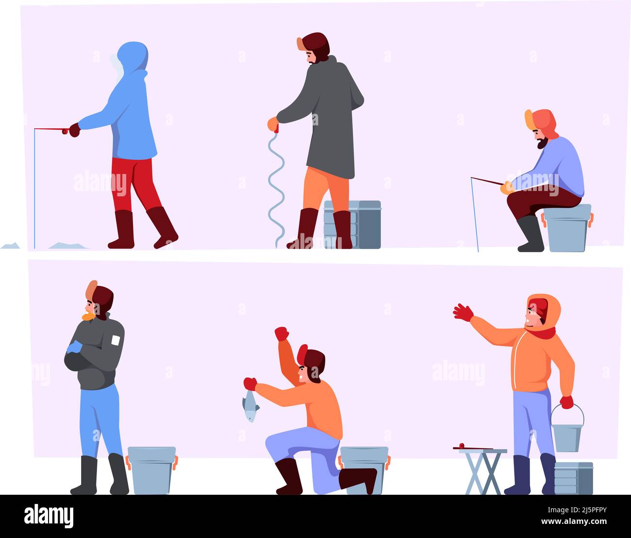 Pêche congelée. Personnages d'hiver assis et pêche saisonnière extrême sur le lac dans des vêtements chauds grenat vecteur activités de plein air Illustration de Vecteur