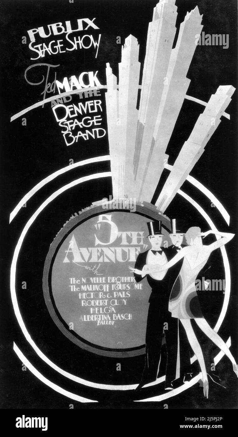 Exposition peinte à la main vers 1930 pour Publix Stage Show 5th AVENUE avec TED MACK et le Denver Stage Band et le ALBERTINA RASCH BALLET Live Prologue pour Paramount Publix Movie Theatres Banque D'Images