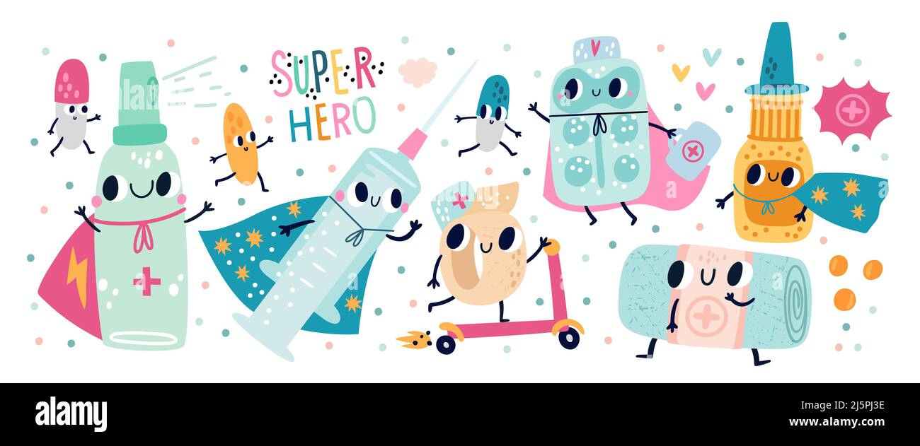 Pilules super héros personnages. Comprimés et seringues pharmaceutiques. Des dessins animés émotionnels dans des capes en flaturant. Bandages médicaux et assainisseur heureux Illustration de Vecteur
