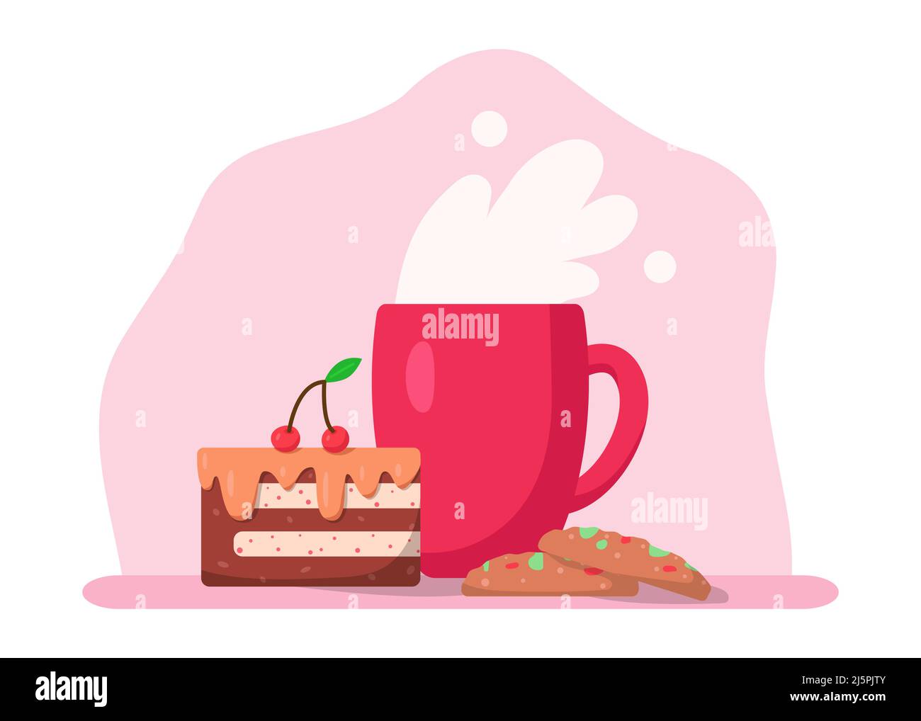 Tasse avec boisson, biscuits et morceau de gâteau, illustration vectorielle dans le style plat de dessin animé. Tasse de café, de cacao ou de thé. Cerise et fraise. Petit déjeuner savoureux Illustration de Vecteur