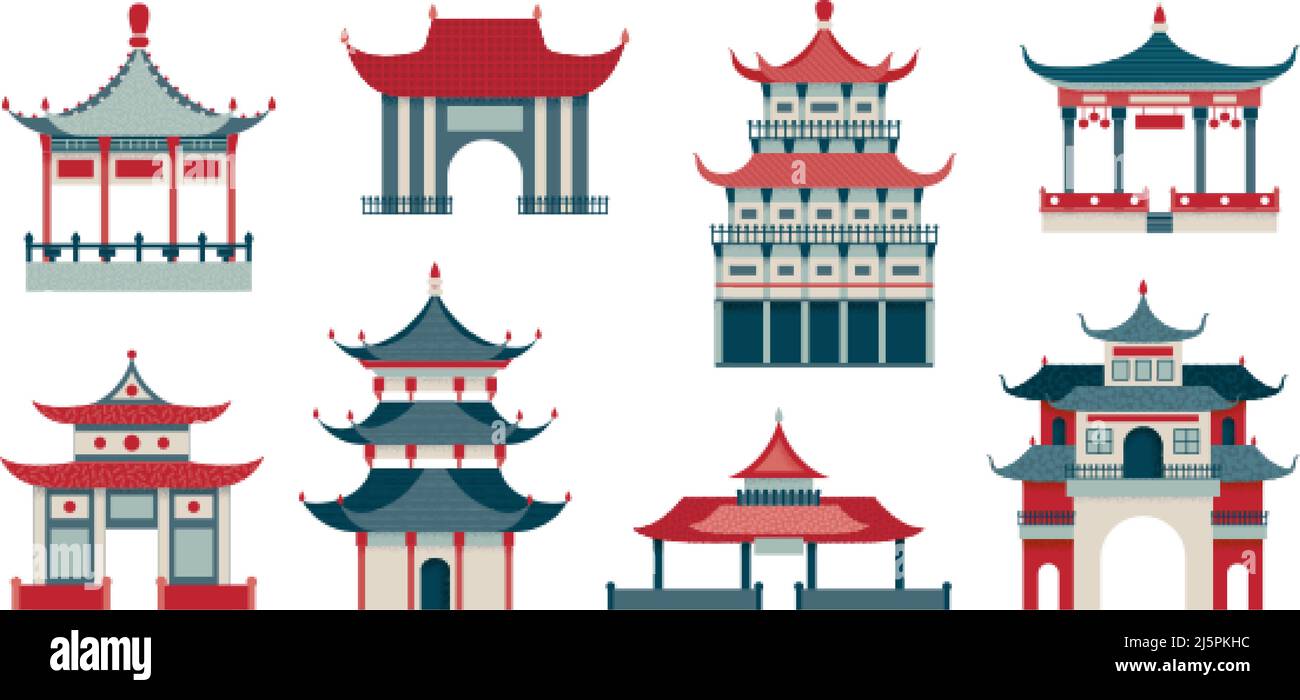Bâtiments de style asiatique. Maisons coréennes et palais chinois. Ancien bâtiment isolé du temple, portes orientales traditionnelles. Architecture chic de Chinatown Illustration de Vecteur