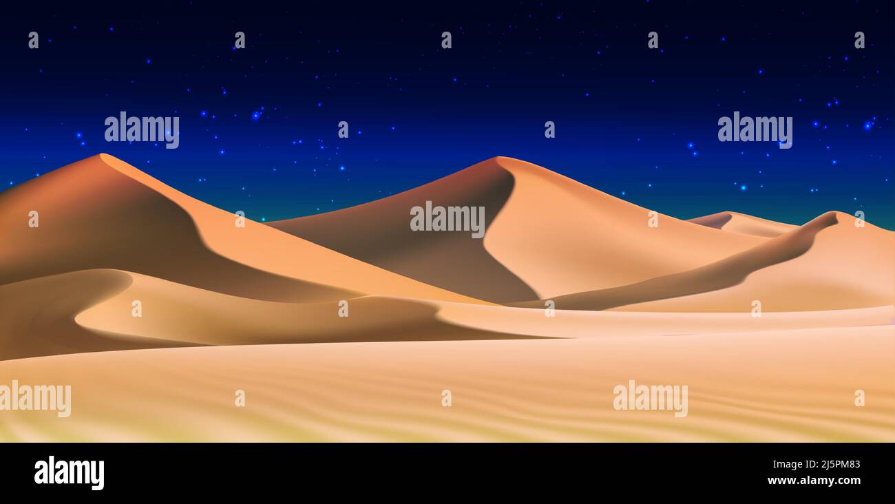 3d fond réaliste de dunes de sable dans la nuit. Paysage désertique avec ciel bleu foncé. Illustration de Vecteur
