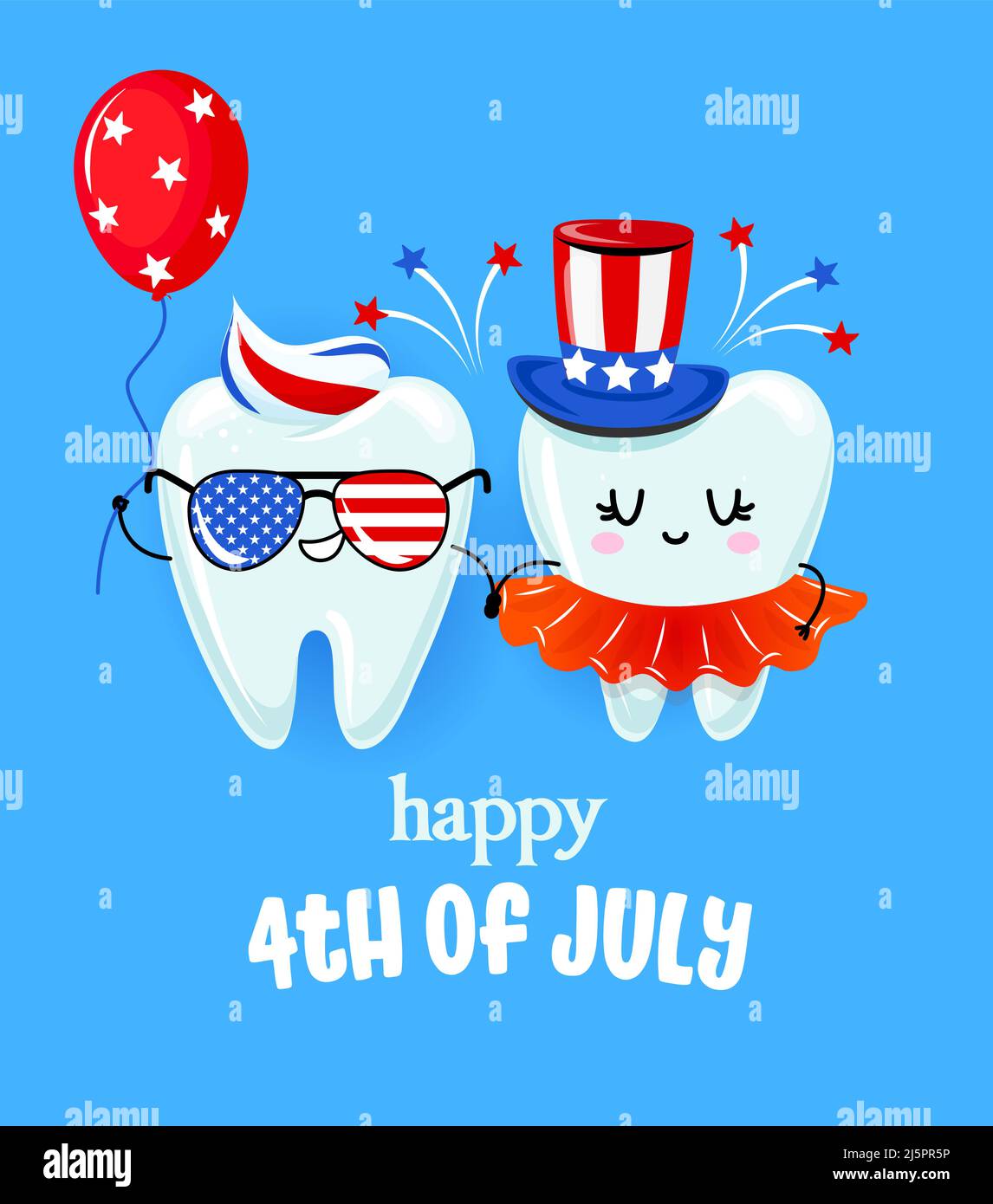 Happy 4th de juillet - couple de dents conception de caractère dans le style kawaii. Tothfée dessinée à la main avec citation amusante. Bon pour les affiches de prévention scolaire, la Grétine Illustration de Vecteur