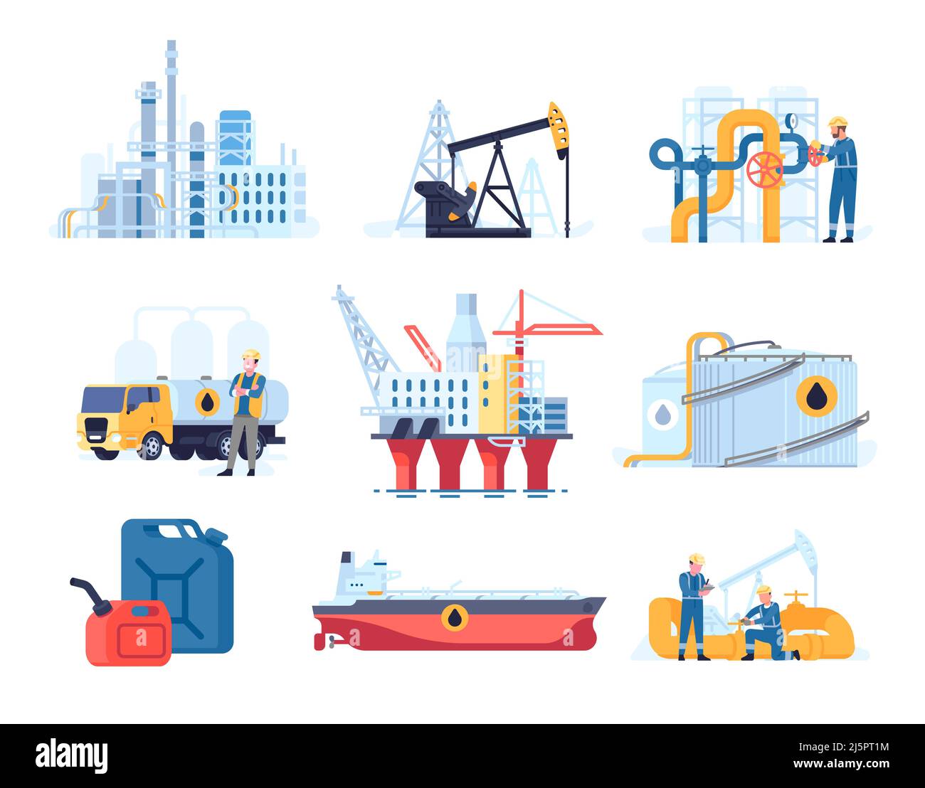 Industrie pétrolière. Usine de raffinerie de style plat. Plates-formes et pétroliers. Plates-formes et pompes. Transport et stockage de l'essence. Extraction de carburant. Pipeline Illustration de Vecteur