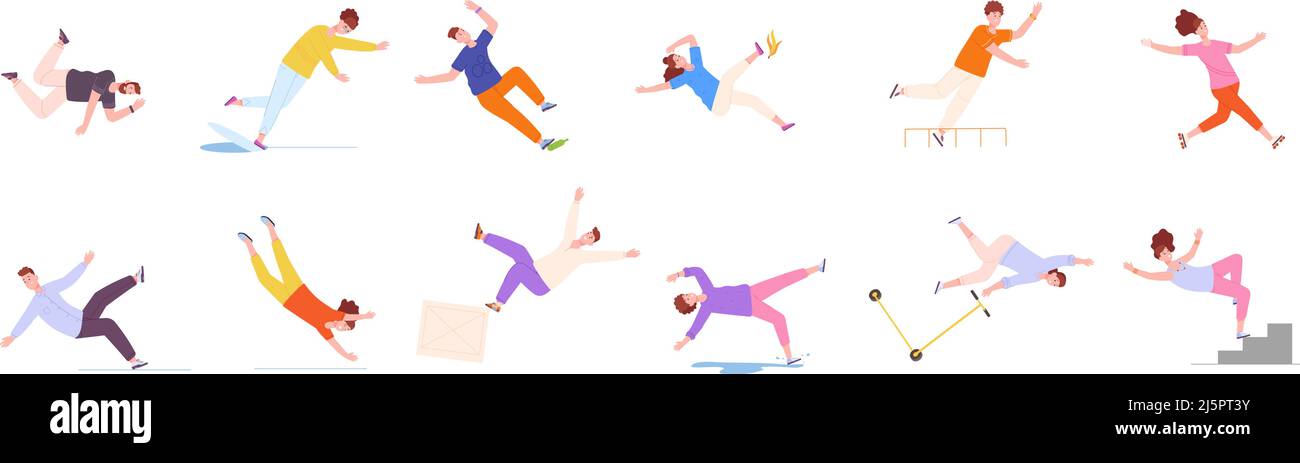 Les gens trébuchement. Chute d'une personne, chute de caractères escaliers échelle déséquilibrée, attention blessure dangereuse trébuchement chute homme glisser chute, illustration vectorielle. Chute et chute de trébuchement Illustration de Vecteur
