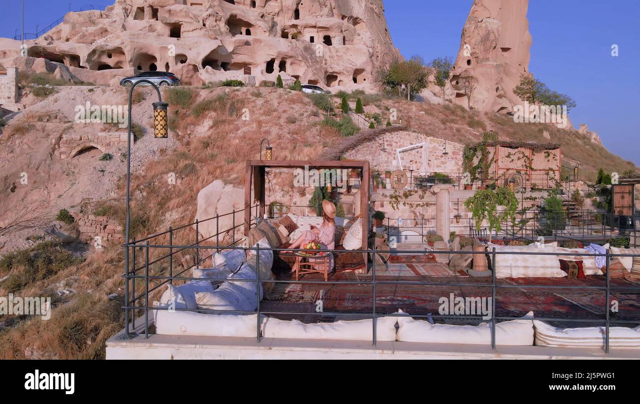 Vue aérienne 4K en haut de la Cappadoce en Turquie Banque D'Images