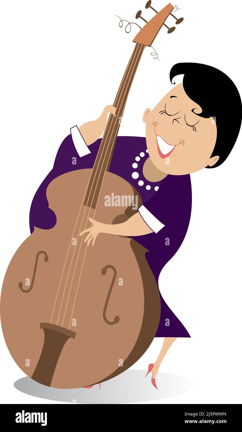Jeune femme musicienne avec l'illustration de contrabass. Une femme souriante joue de la musique sur des basses doubles isolées sur fond blanc Illustration de Vecteur