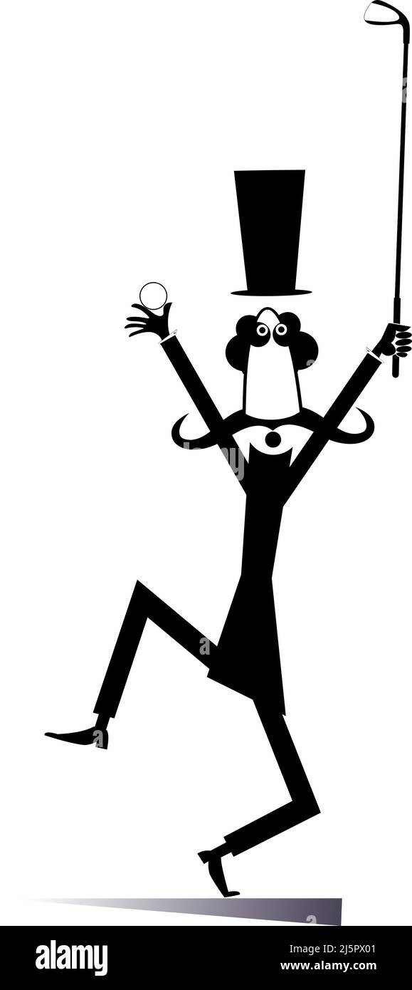 Un homme drôle de moustache longue joue l'illustration du golf. Dessin animé long moustache gentleman dans le chapeau supérieur tient un club de golf et un ballon noir sur fond blanc Illustration de Vecteur
