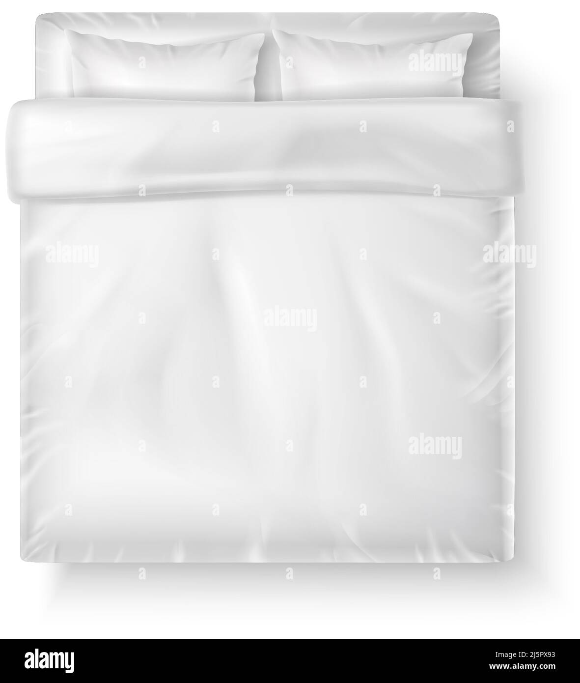 icône vecteur réaliste. Draps blancs, vue de dessus d'un très grand lit avec deux oreillers et couette. Illustration de Vecteur