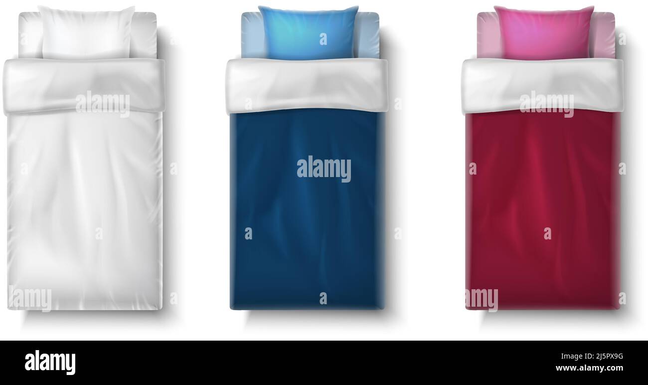 jeu d'icônes vectorielles réalistes. Cadre lit simple avec matelas et couette en blanc, rouge, bleu. Illustration de Vecteur