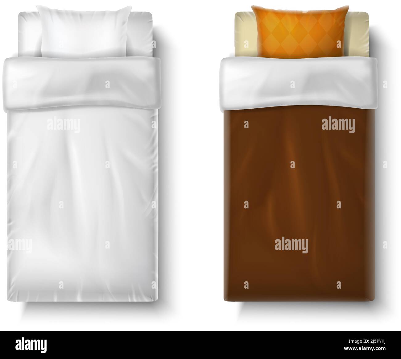 jeu d'icônes vectorielles réalistes. Lit simple et lit double avec draps blancs, couette et deux oreillers. Illustration de Vecteur
