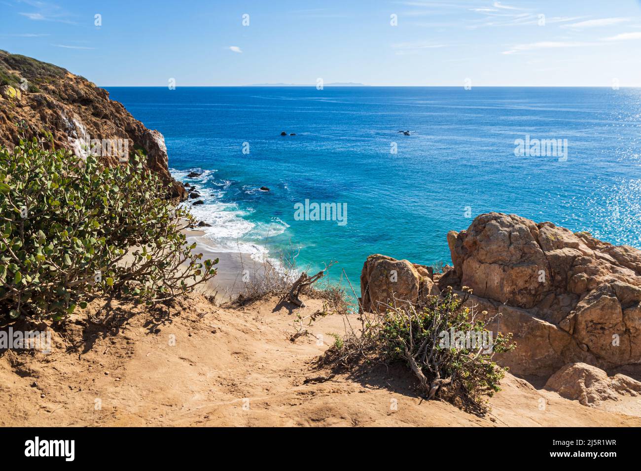 Vue depuis les falaises de point Dume, Malibu, Californie. Plantes et rochers en premier plan. Océan Pacifique, ciel et nuages à distance. Banque D'Images
