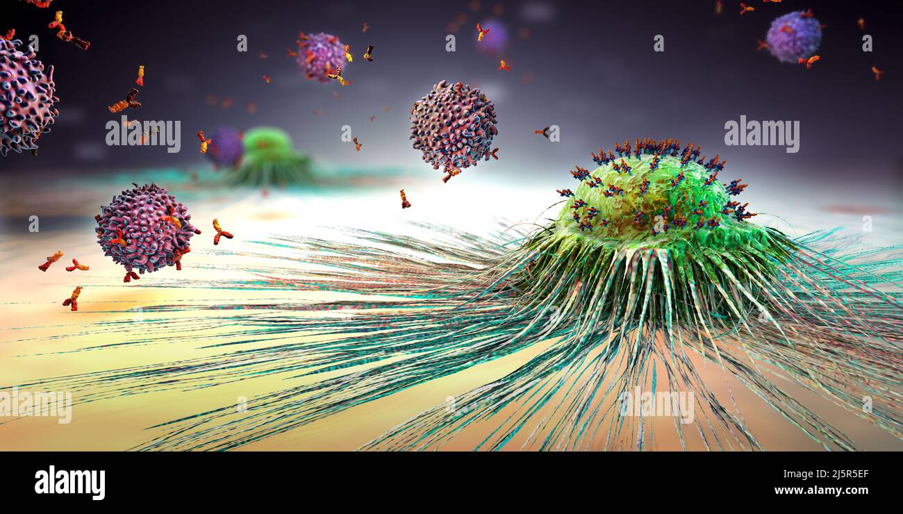 Cellules de lymphocytes dans le système immunitaire réagissant et attaquant une cellule de cancer se propageant - 3D illustration Banque D'Images