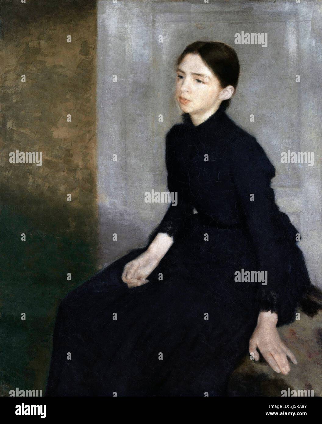 'Portrait d'une jeune femme. La sœur Anna Hammershøi de l'artiste danoise, Vilhelm Hammershoi (1864-1916), huile sur toile, 1885 Banque D'Images